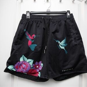 YoungLA Black Shorts with Floral and Hummingbird Design